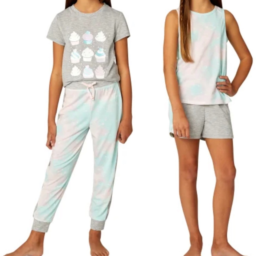 BCBG Girls Youth 4-pc Lounge Pajama Set Size M 10/12 Blue Tie Dye Cup Cake NEW